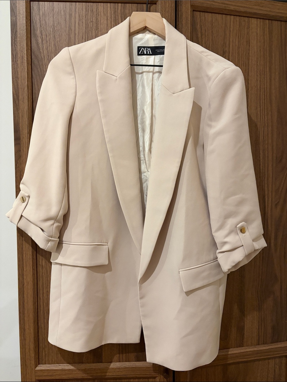 Zara Cream Longline Blazer with Rolled Sleeves